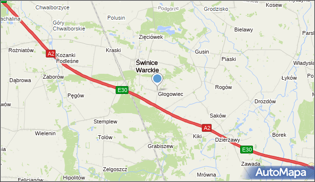 mapa Głogowiec, Głogowiec gmina Świnice Warckie na mapie Targeo